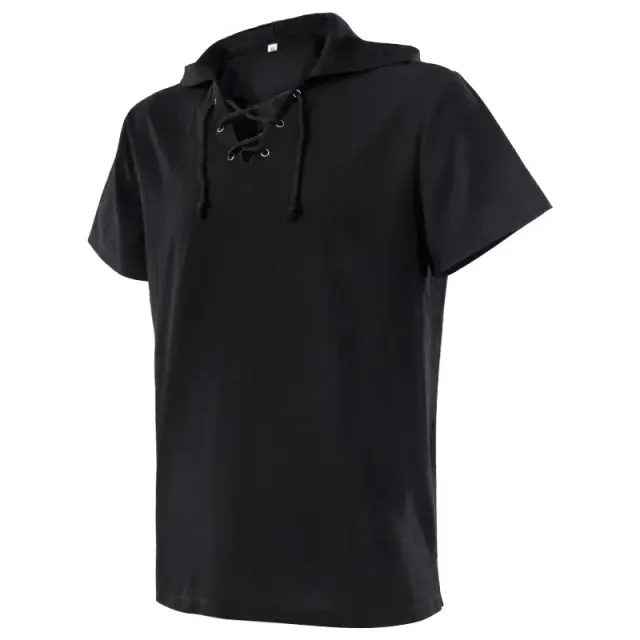 Unisex Hooded Lace-Up Medieval Short-Sleeve Shirt detail 4