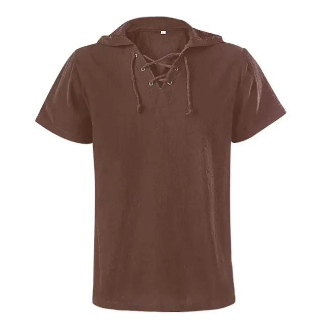 Unisex Hooded Lace-Up Medieval Short-Sleeve Shirt detail 15