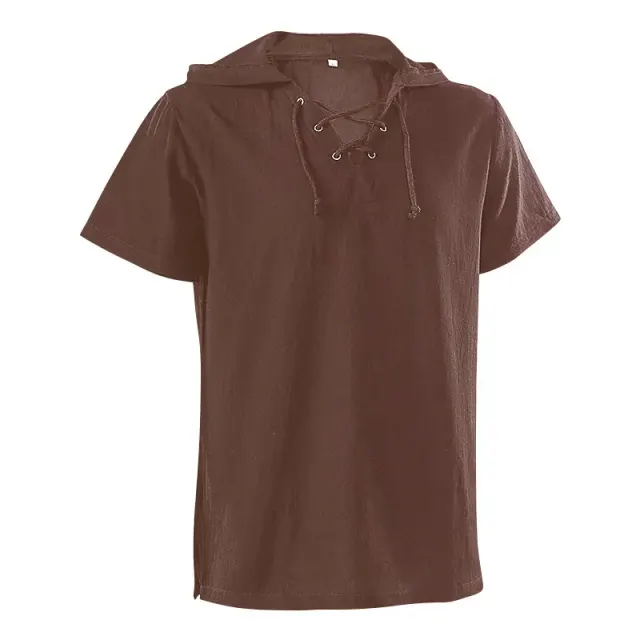 Unisex Hooded Lace-Up Medieval Short-Sleeve Shirt detail 17