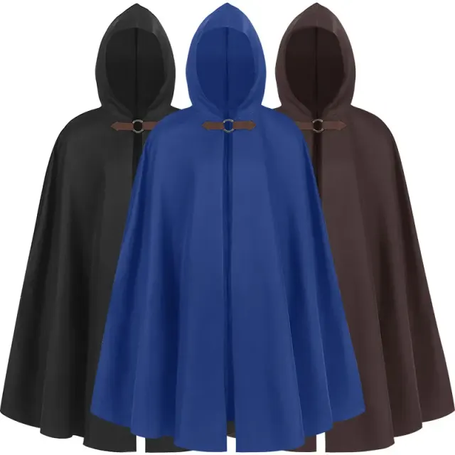 A unisex black hooded cloak with a long medieval pirate and vampire costume silhouette for Halloween stage wear.