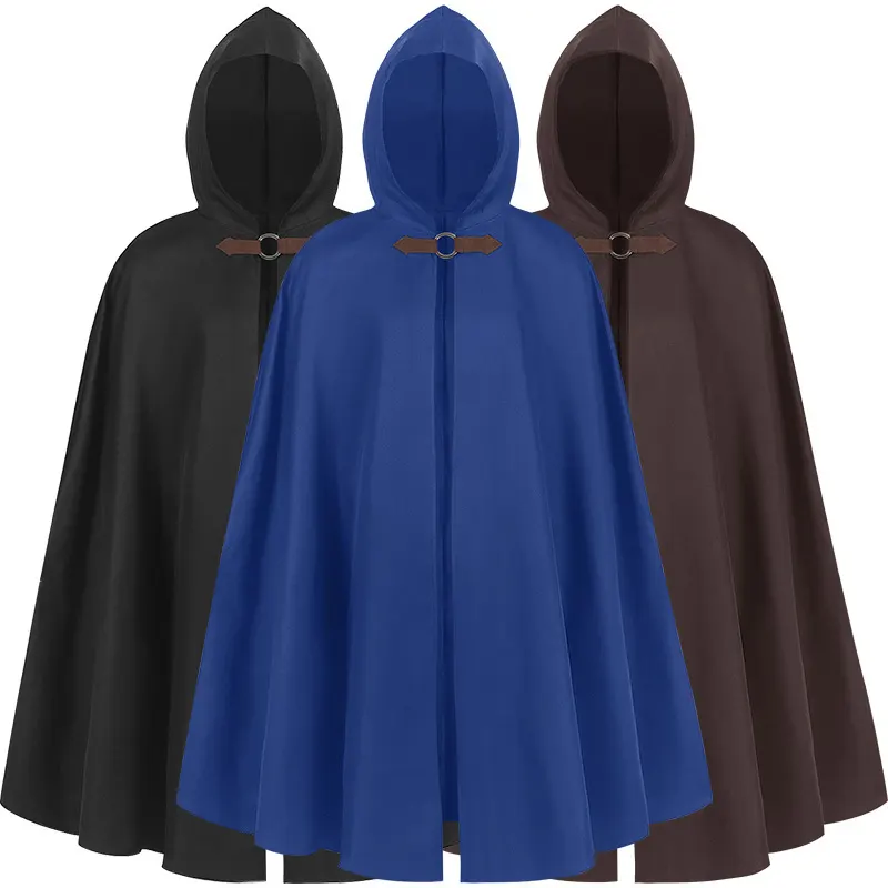A unisex black hooded cloak with a long medieval pirate and vampire costume silhouette for Halloween stage wear.