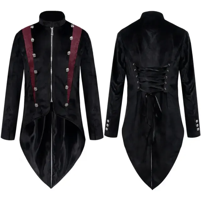 Unisex lace-up steampunk tailcoat jacket with a long medieval-inspired silhouette for Halloween and stage costumes.