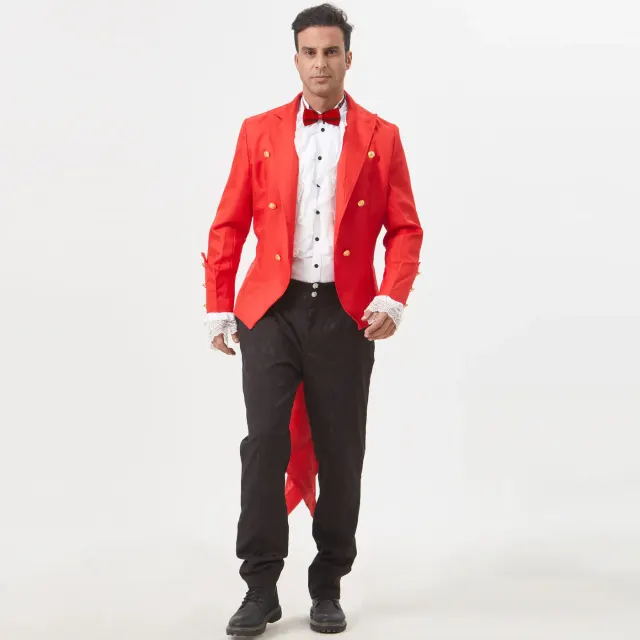 Unisex red mid-length jacquard tailcoat with a bow tie, styled for medieval and Christmas stage performances.