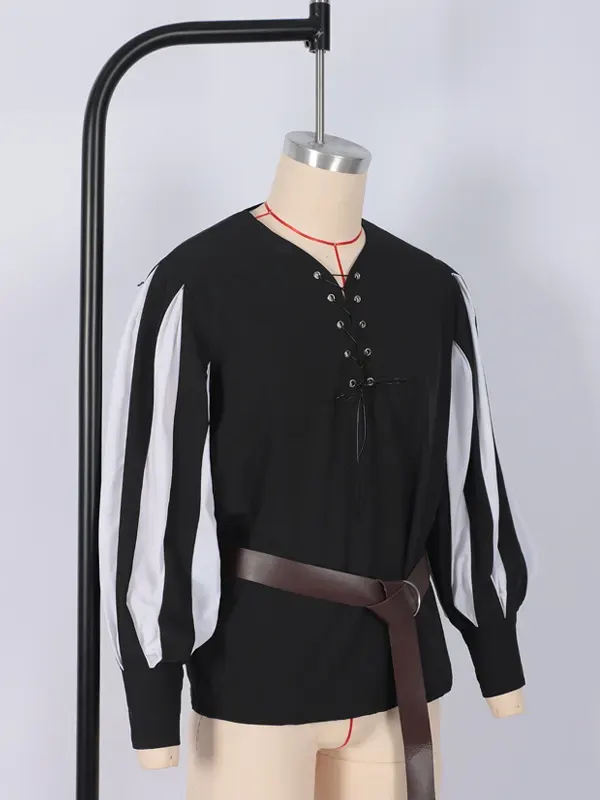 Unisex Medieval Color-Block Lace-Up Collar Cosplay Shirt detail 1