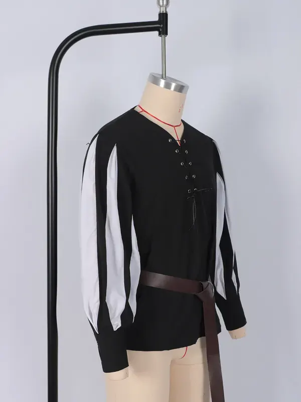Unisex Medieval Color-Block Lace-Up Collar Cosplay Shirt detail 3
