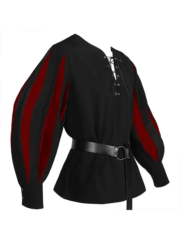 Unisex Medieval Color-Block Lace-Up Collar Cosplay Shirt detail 4