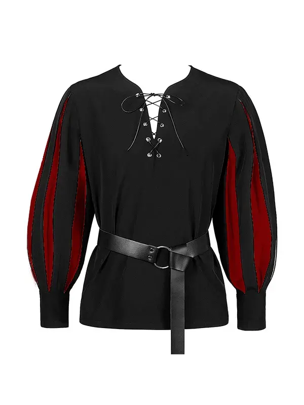 Unisex Medieval Color-Block Lace-Up Collar Cosplay Shirt detail 6