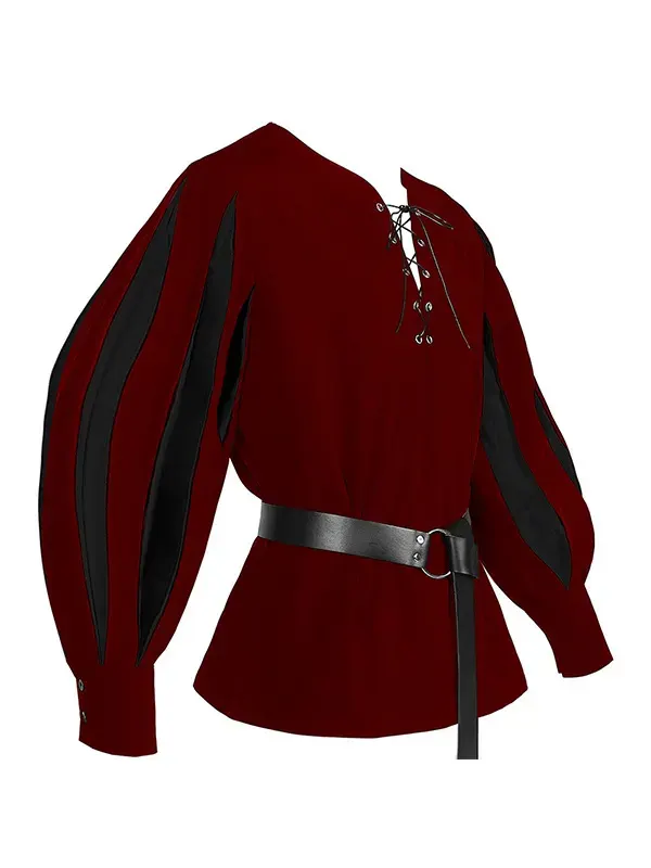 Unisex Medieval Color-Block Lace-Up Collar Cosplay Shirt detail 7