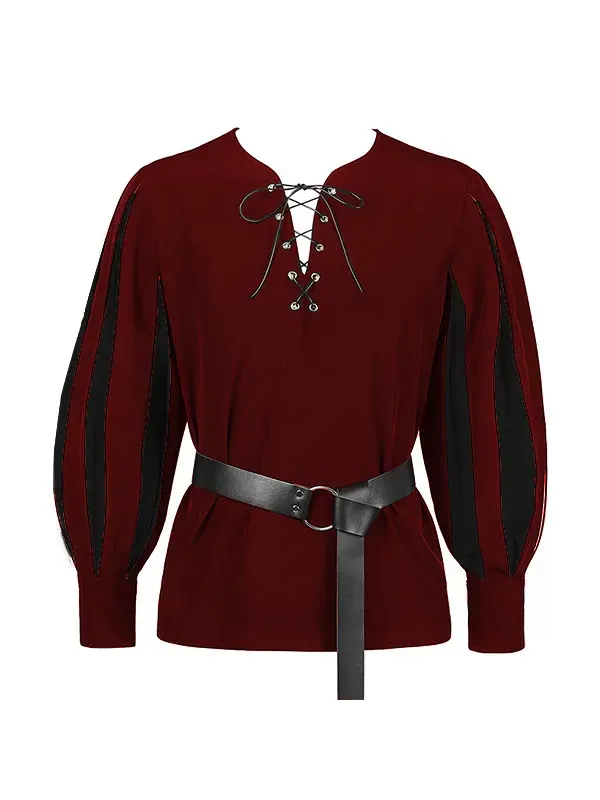 Unisex Medieval Color-Block Lace-Up Collar Cosplay Shirt detail 9
