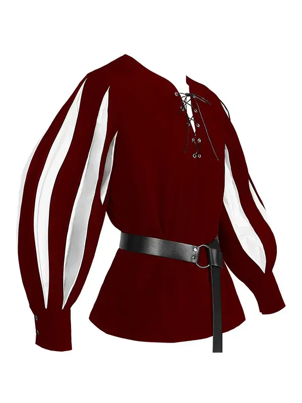 Unisex Medieval Color-Block Lace-Up Collar Cosplay Shirt detail 10