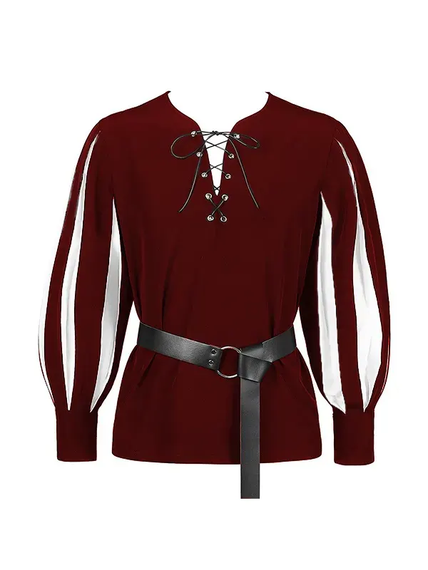 Unisex Medieval Color-Block Lace-Up Collar Cosplay Shirt detail 12