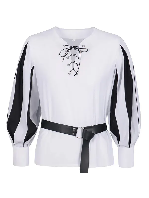 Unisex Medieval Color-Block Lace-Up Collar Cosplay Shirt detail 21