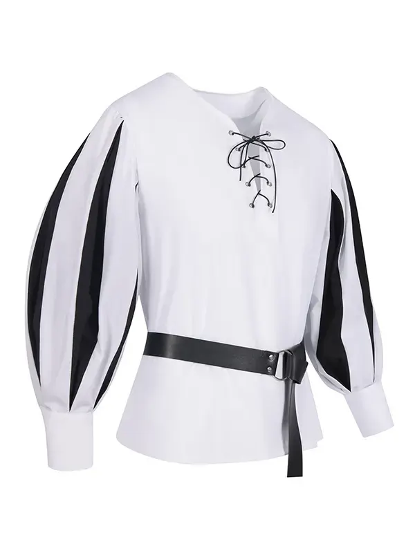 Unisex Medieval Color-Block Lace-Up Collar Cosplay Shirt detail 22