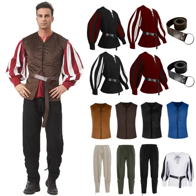 A unisex medieval-style color-block cosplay shirt with a lace-up collar, available in a black body with white sleeves.