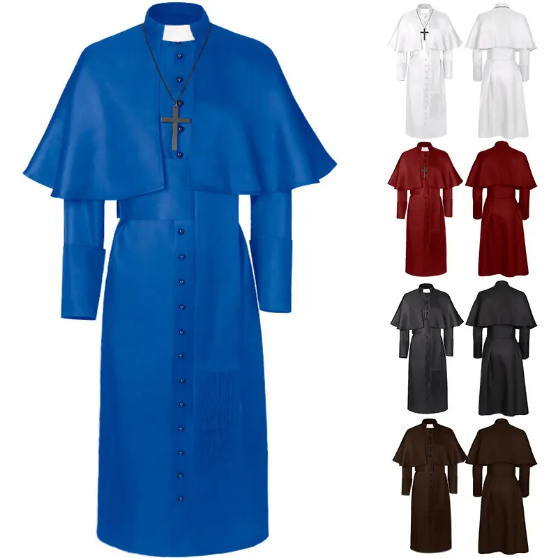 A unisex medieval Gothic long-sleeve cloak cosplay costume with a solid-color finish and an included cross accessory.
