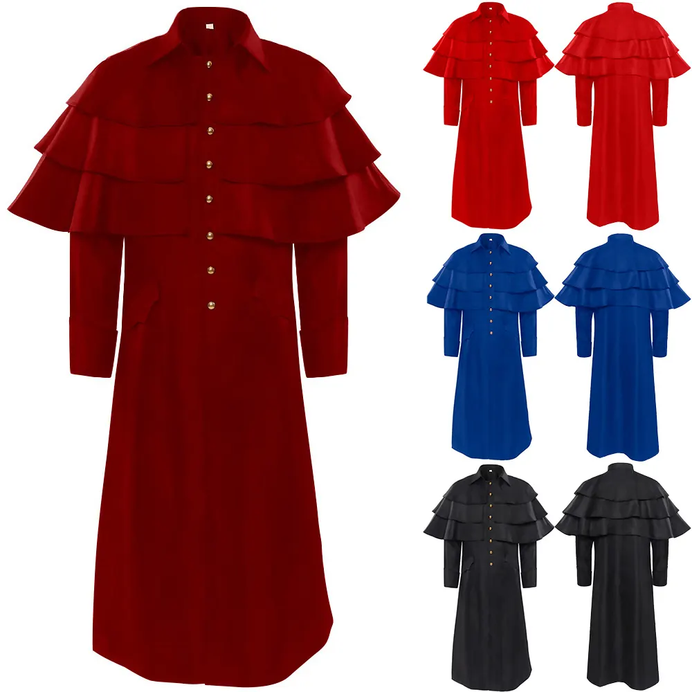 A unisex black medieval Gothic stand-collar jacket costume with a button front, styled for Halloween and stage wear.
