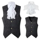 Short Jacquard Vest - Black with Large Flower Faux Collar