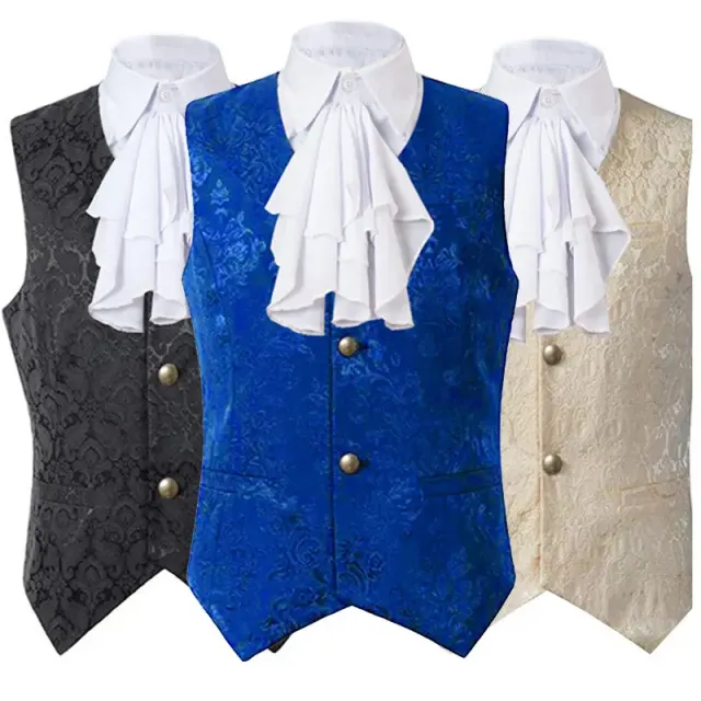 A unisex medieval Gothic jacquard vest in blue with a large flower faux collar, styled for theater and stage performance.