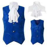 Short Jacquard Vest - Blue with Large Flower Faux Collar