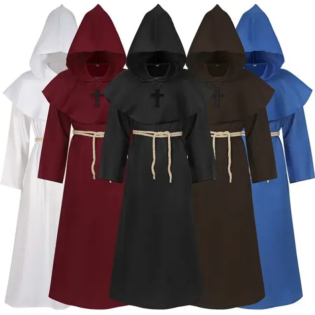 A unisex medieval grim reaper robe in black with a long vintage-style silhouette for Halloween cosplay.