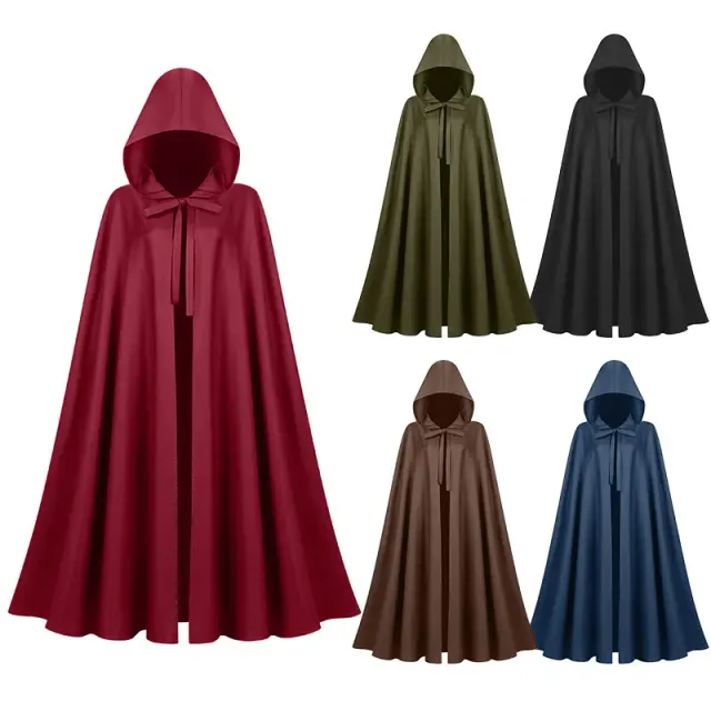 A unisex medieval-style hooded cloak in a solid color, styled as a long Halloween cosplay robe.