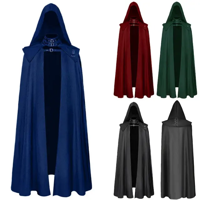 A unisex medieval-style hooded cosplay cloak shown in blue with a long, dramatic silhouette for stage and fantasy costumes.