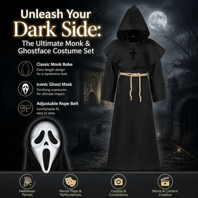 Unisex Medieval Hooded Priest Robe Cross Halloween Costume detail 2