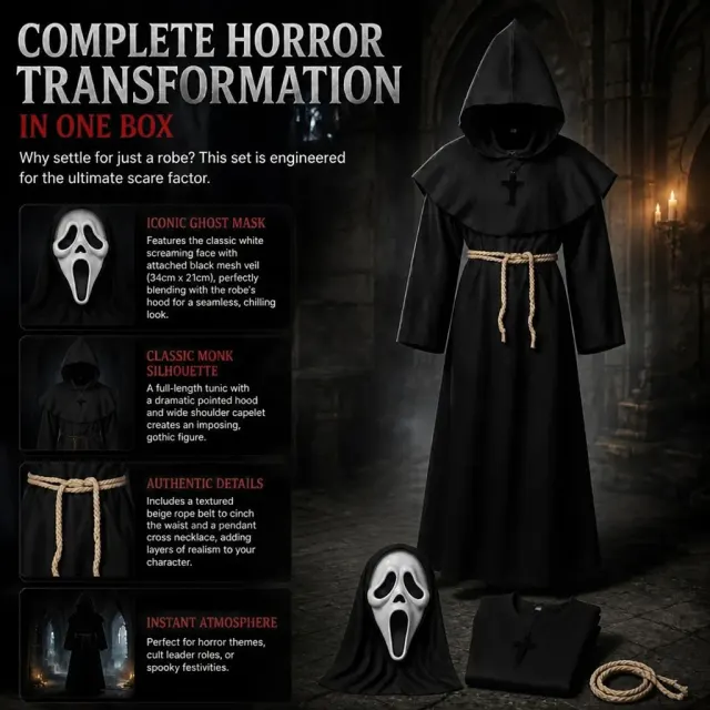 Unisex Medieval Hooded Priest Robe Cross Halloween Costume detail 3