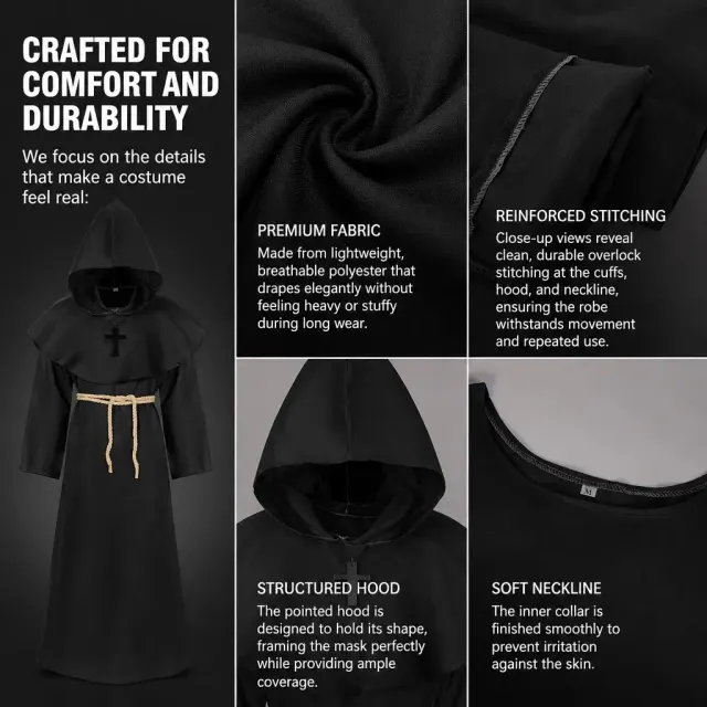 Unisex Medieval Hooded Priest Robe Cross Halloween Costume detail 5