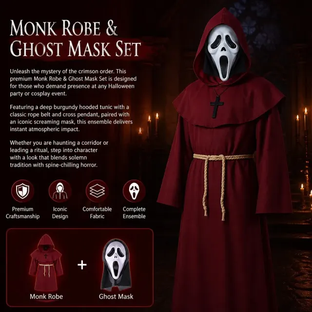 Unisex Medieval Hooded Priest Robe Cross Halloween Costume detail 7