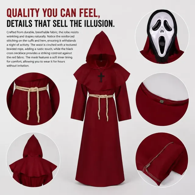 Unisex Medieval Hooded Priest Robe Cross Halloween Costume detail 10
