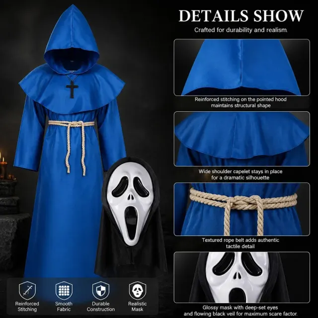 Unisex Medieval Hooded Priest Robe Cross Halloween Costume detail 15