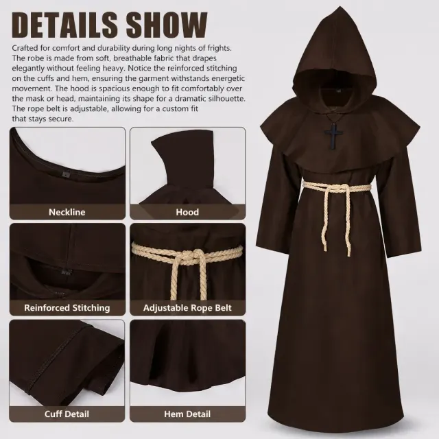 Unisex Medieval Hooded Priest Robe Cross Halloween Costume detail 19