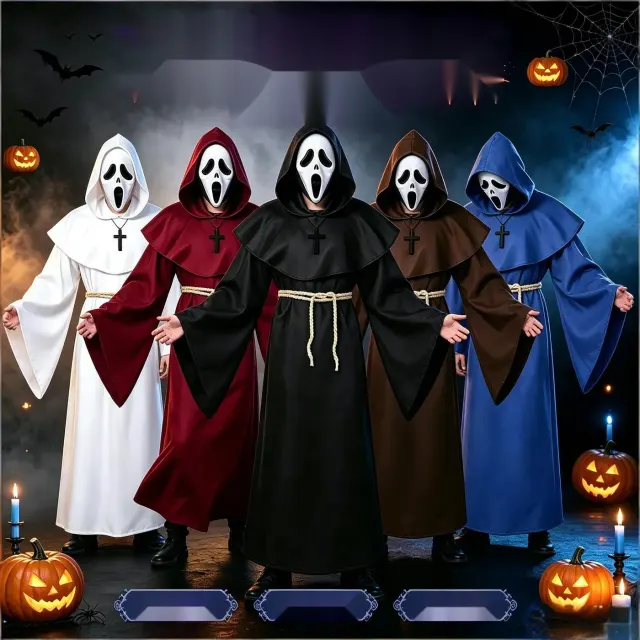 Unisex medieval priest costume featuring a white hooded robe, hat, and cross.