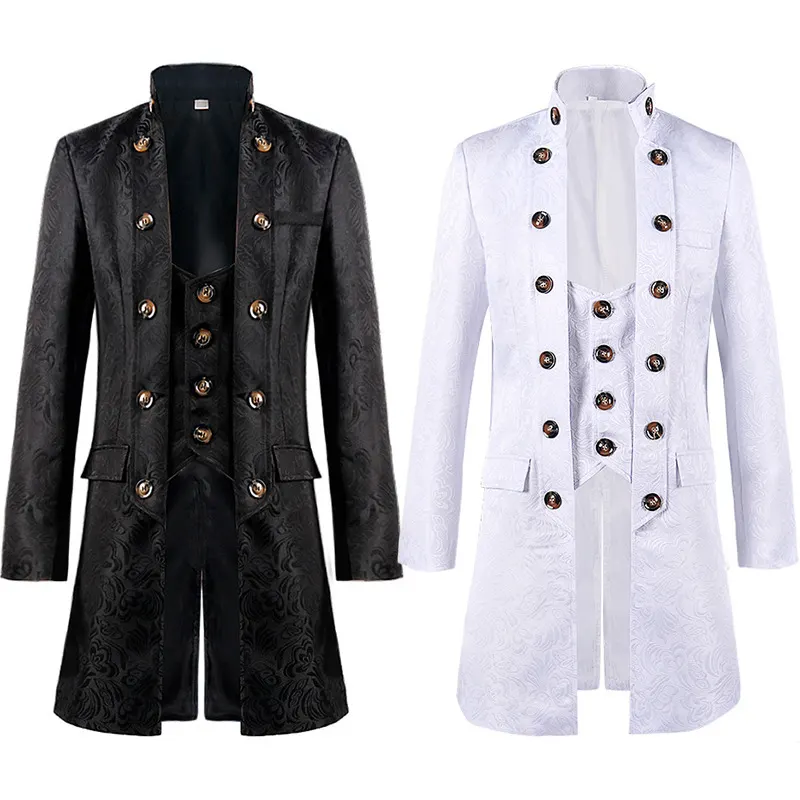 Unisex vintage-inspired jacquard court coat with double-breasted styling for Halloween, stage, and cosplay looks.