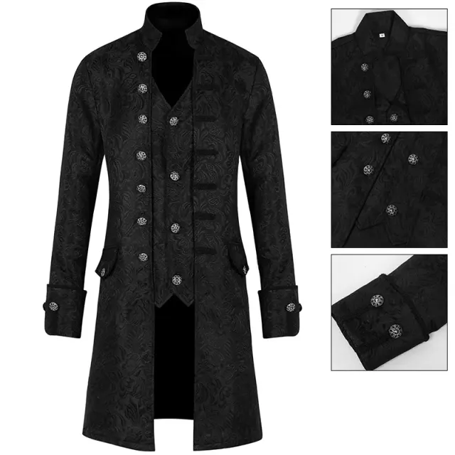 A unisex medieval-style mid-length coat with a jacquard faux two-piece design.