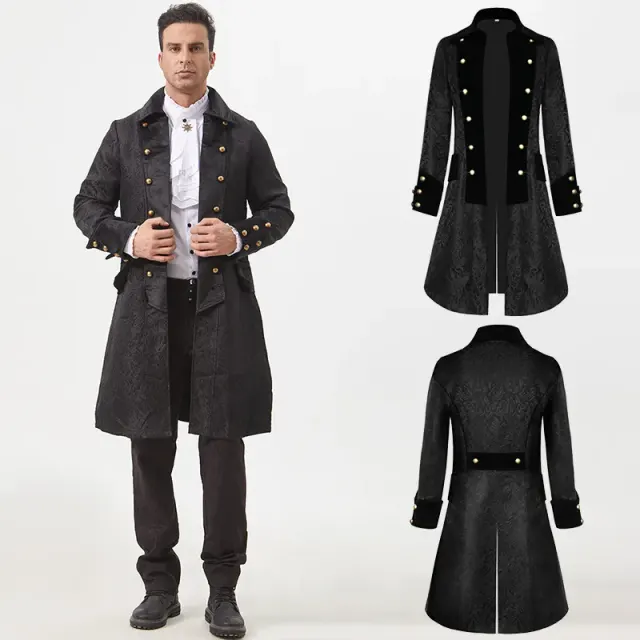 Black long jacquard coat in a medieval uniform style for Halloween and stage costumes.