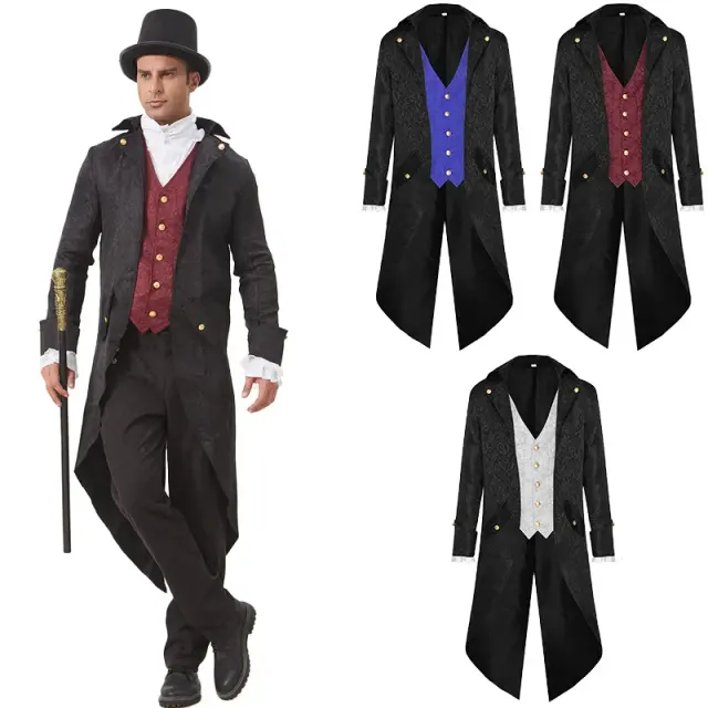 Unisex medieval jacquard tailcoat with a long steampunk-inspired silhouette, designed for cosplay and Halloween costumes.