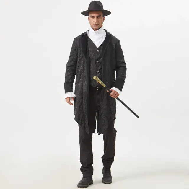 A unisex medieval court-style jacquard tailcoat costume in a dark patterned finish.
