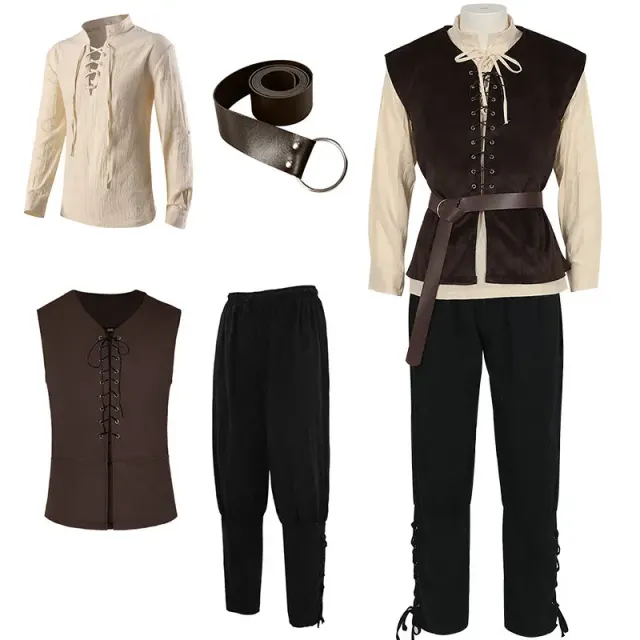 A unisex medieval knight cosplay costume with pullover shirt, pirate-style pants, suede-look vest, and belt options for stage or Halloween wear.