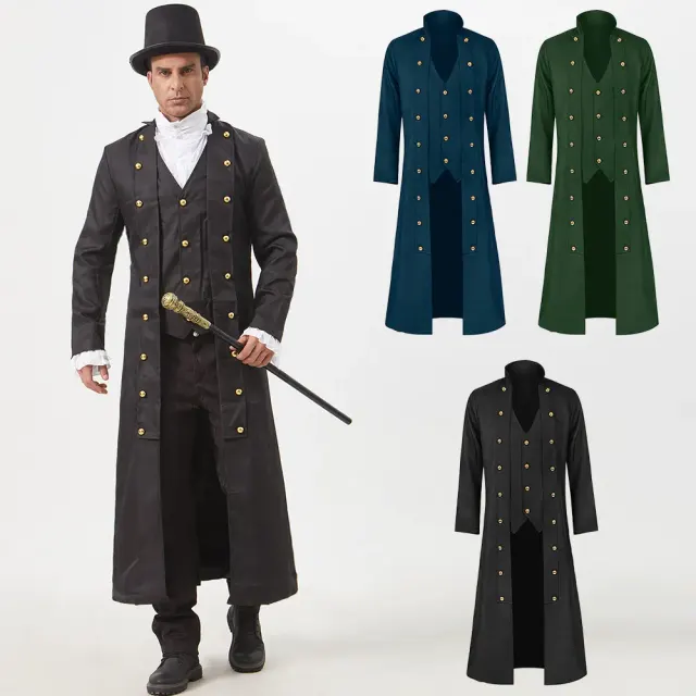 Black unisex medieval long-sleeve corset jacket with a stand collar, three-row button front, and crisscross waist lacing.