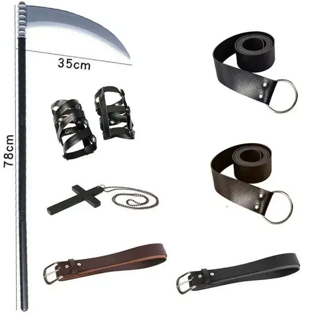A unisex medieval Oktoberfest costume accessory set is shown with brown and black belt and accessory options.