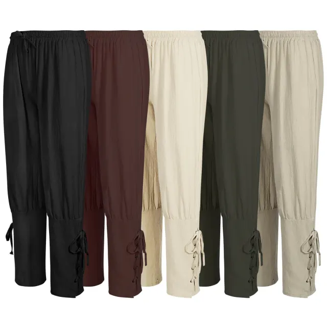 Unisex medieval pirate costume pants in black, off-white, green, and burgundy for cosplay and theater.