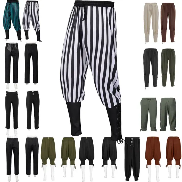 Unisex medieval pirate pants in a dark green style with a lantern silhouette, designed for cosplay and stage costumes.