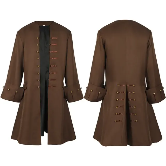 A unisex medieval pirate steampunk jacket designed for Halloween cosplay and theatrical costume wear.