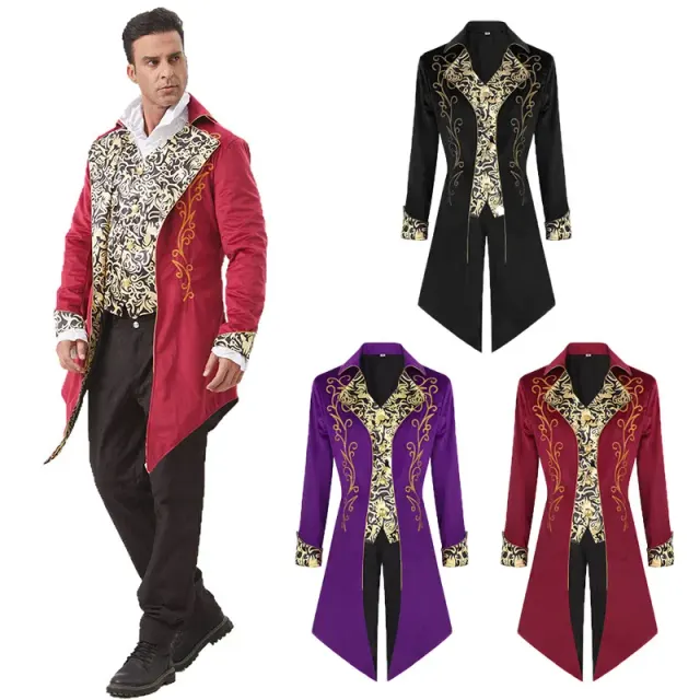 A long-sleeve medieval-style printed tailcoat in red with a long evening-coat silhouette.