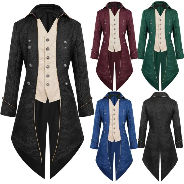 Black medieval punk jacquard tailcoat with a bow tie, designed for Halloween and theatrical stage costumes.