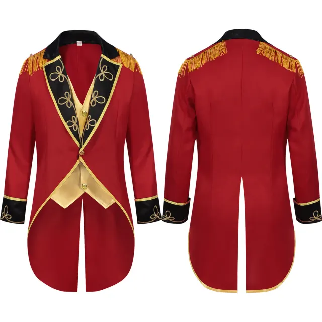 Unisex medieval-style red stand-collar stage costume top with a vintage look, shown for theater and cosplay use.