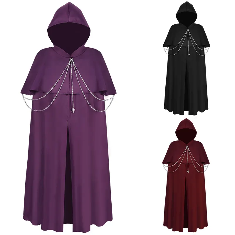 A unisex medieval Renaissance cape in purple, designed for Halloween and stage performances.