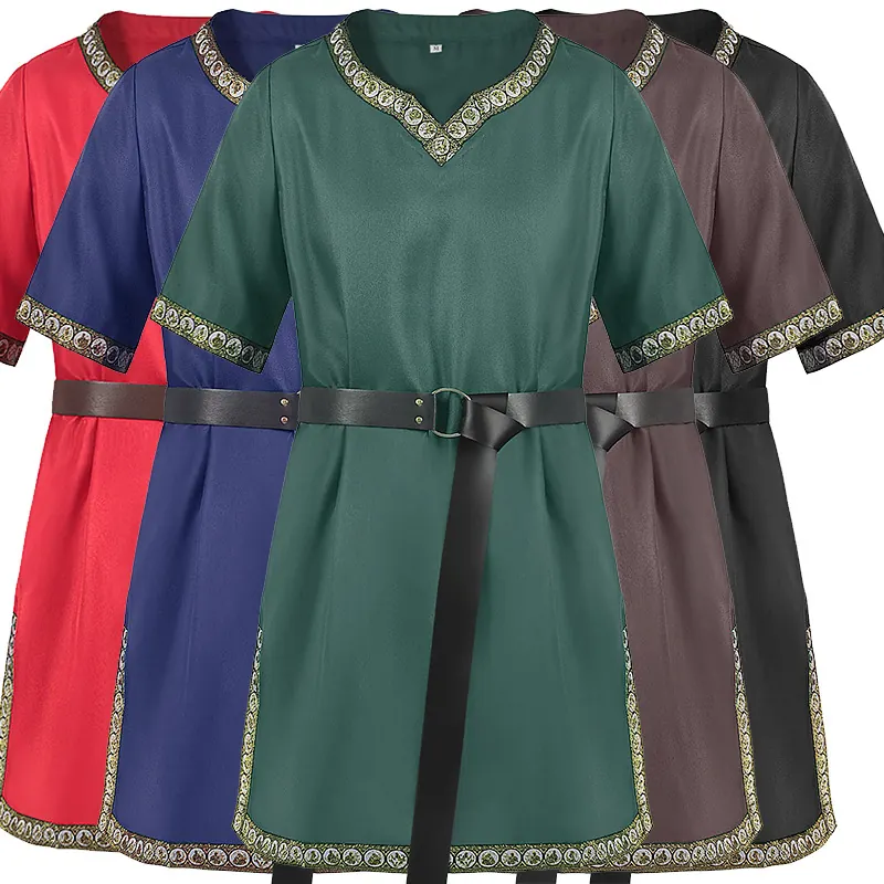 A unisex short-sleeve medieval V-neck cosplay robe in solid red, styled for stage and theatrical performances.